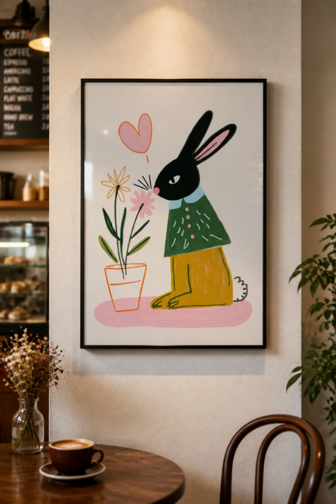 Cute Black Bunny Smelling Flowers Wall Art Print - Children's Nursery Illustration Poster