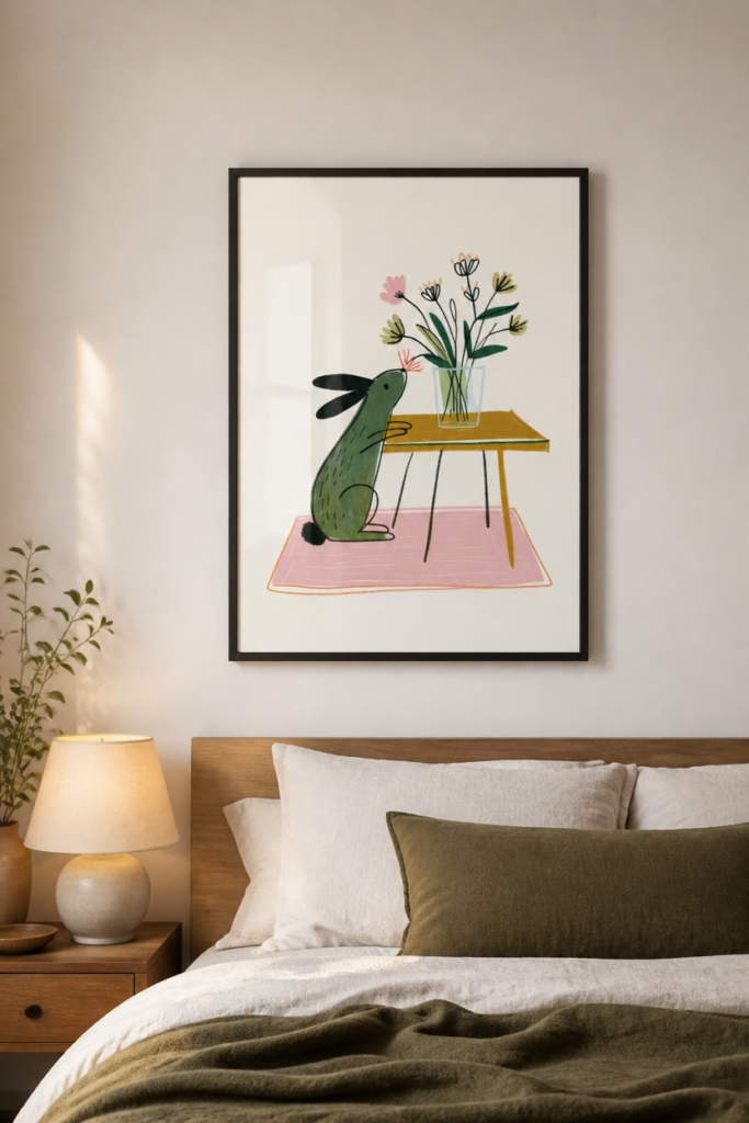Cute Bunny Smelling Flowers Illustration Wall Art Print - Nursery Decor Poster