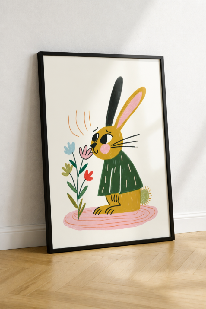 Cute Bunny Smelling Flowers Nursery Wall Art Print | Children's Illustration Poster
