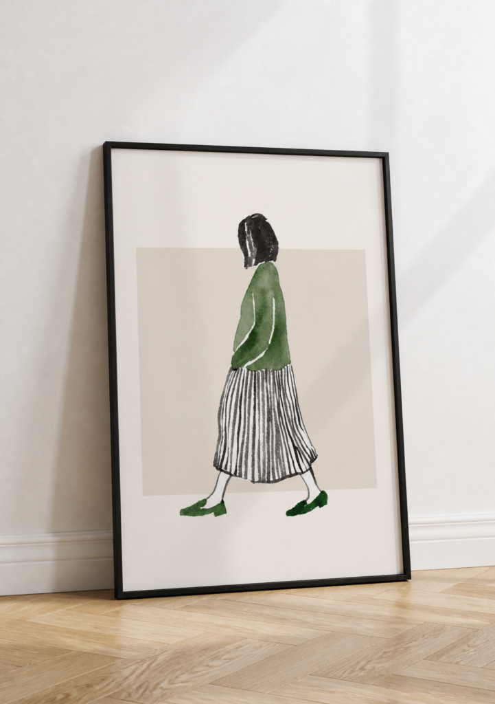Minimalist Watercolor Woman Walking Art Print - Green Striped Fashion Illustration Poster