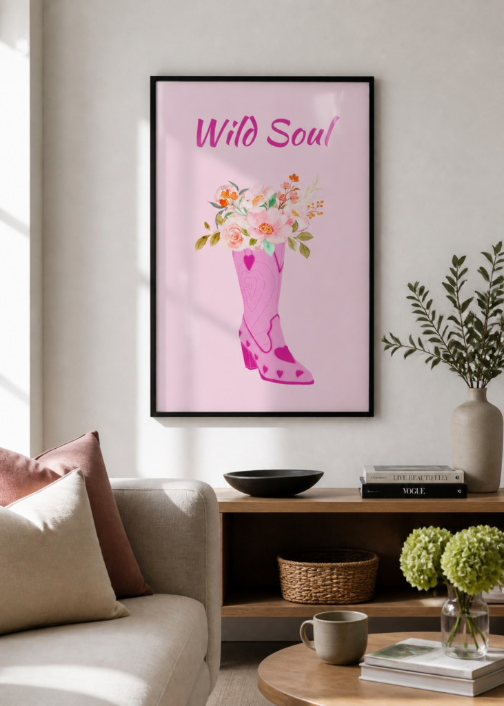 Wild Soul Pink Cowboy Boot Floral Wall Art Poster | Western Boho Nursery Print 50x70cm