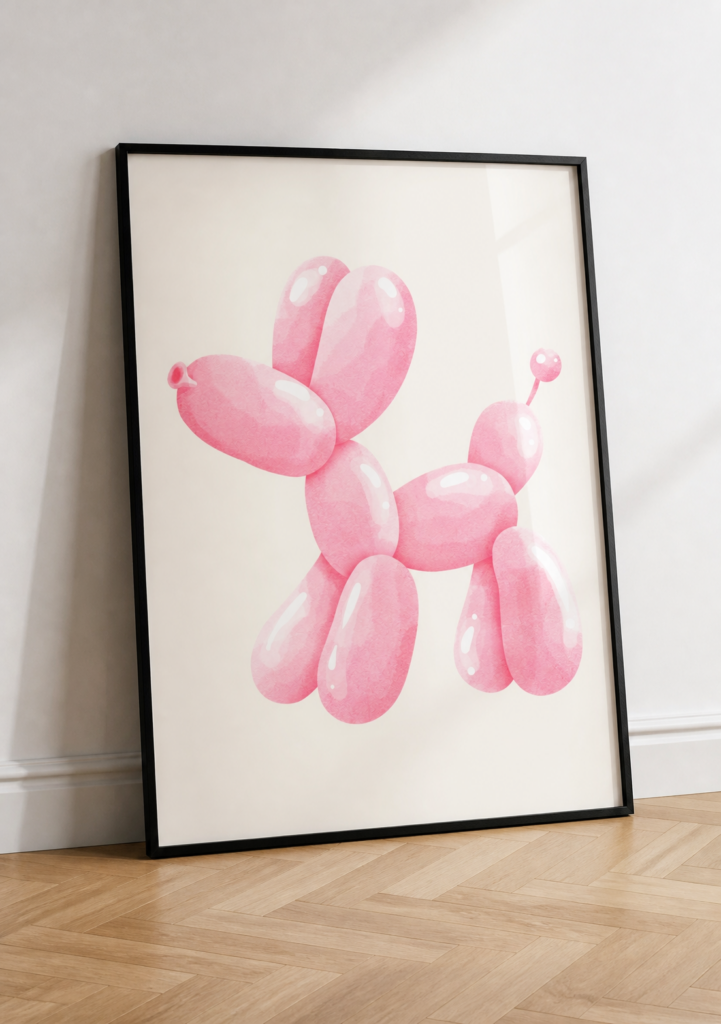 Pink Balloon Dog Watercolor Wall Art Print - Minimalist Nursery Decor Poster