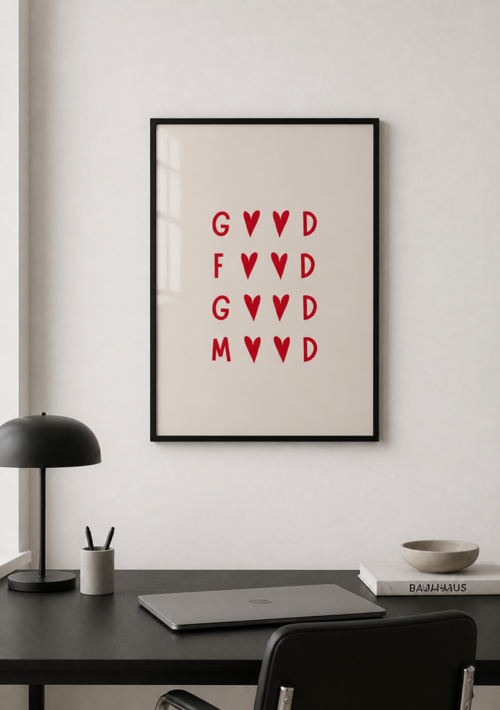 Good Food Good Mood Heart Print | Minimalist Kitchen Wall Art Poster | Red Typography Print