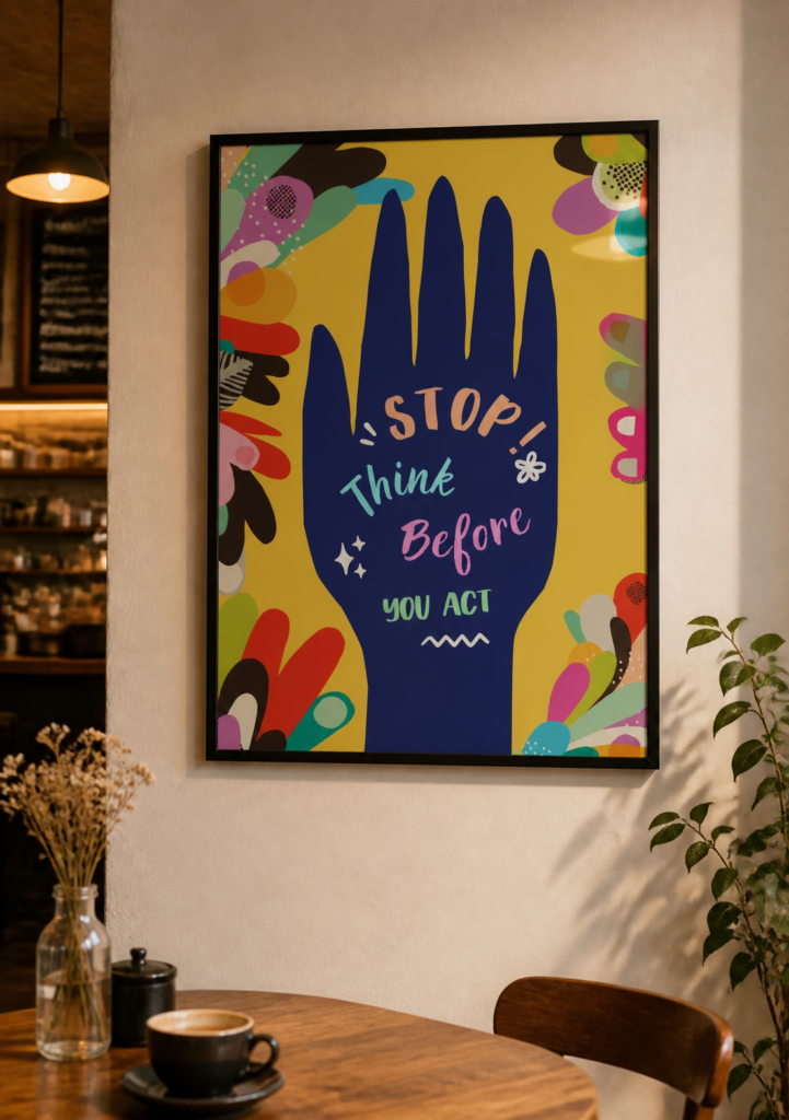 Stop Think Before You Act Motivational Wall Art Poster - Colorful Inspirational Hand Print