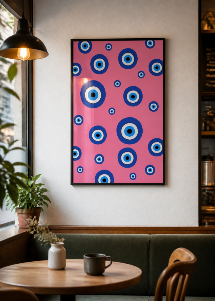 Evil Eye Pattern Poster – Blue Nazar Amulet on Pink Background Wall Art Print 50x70cm