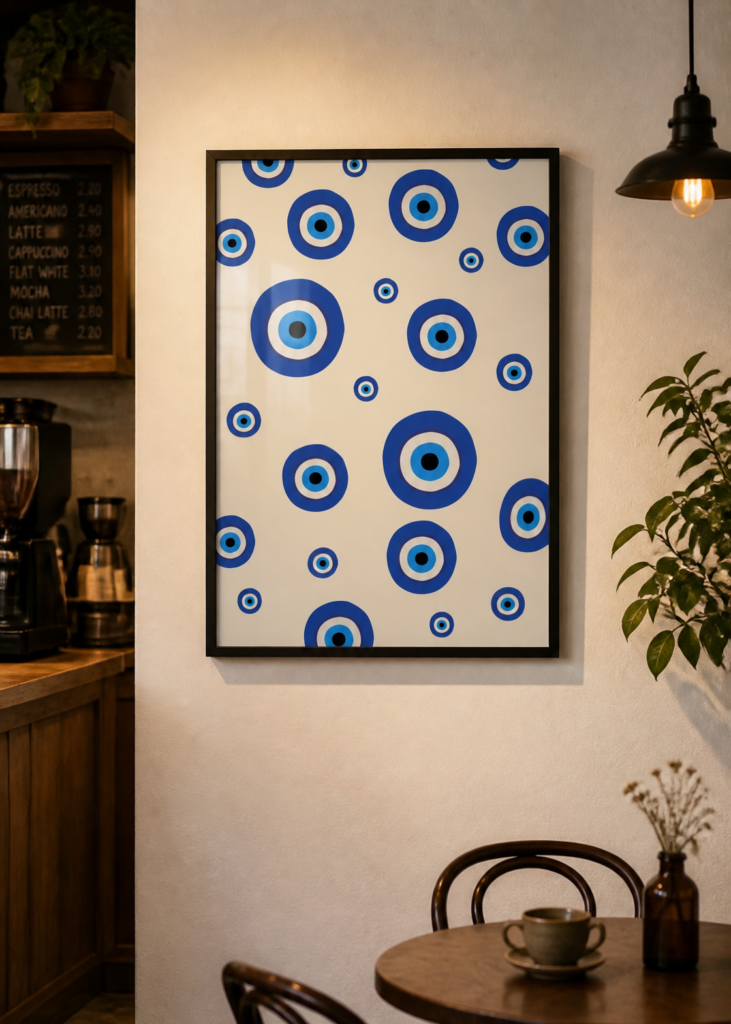 Evil Eye Pattern Wall Art Poster | Blue Nazar Boncuk Print | Boho Mediterranean Decor 50x70cm