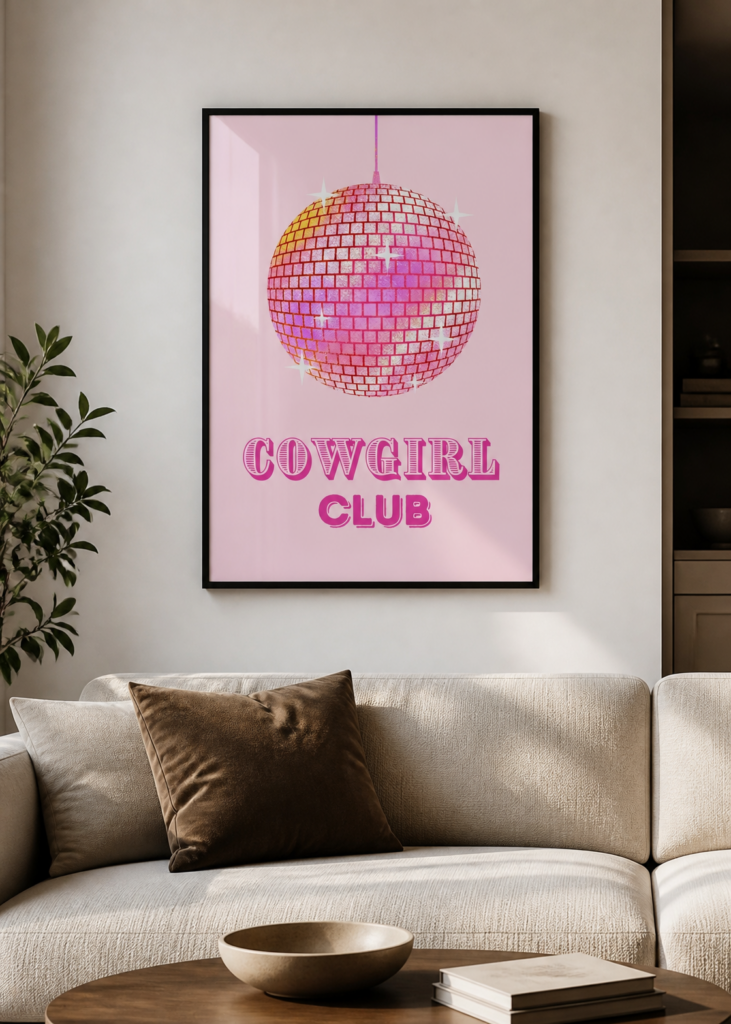 Cowgirl Club Pink Disco Ball Wall Art Poster | Retro Western Disco Print | Trendy Girly Room Decor