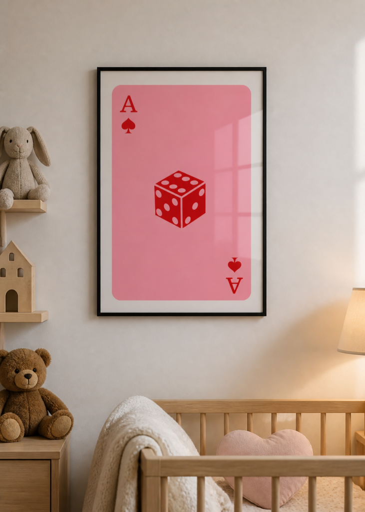 Ace of Spades Playing Card with Dice Pink Pop Art Wall Poster | Casino Gaming Print
