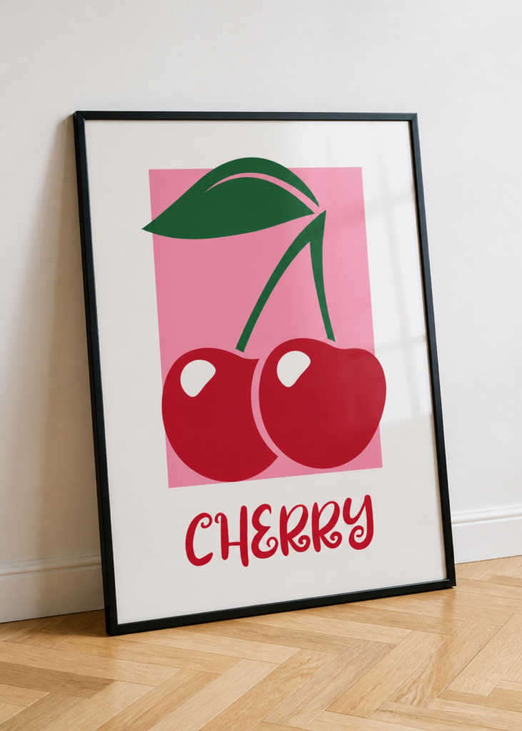 Cherry Fruit Poster – Retro Flat Design Pink Kitchen Wall Art Print 50x70cm