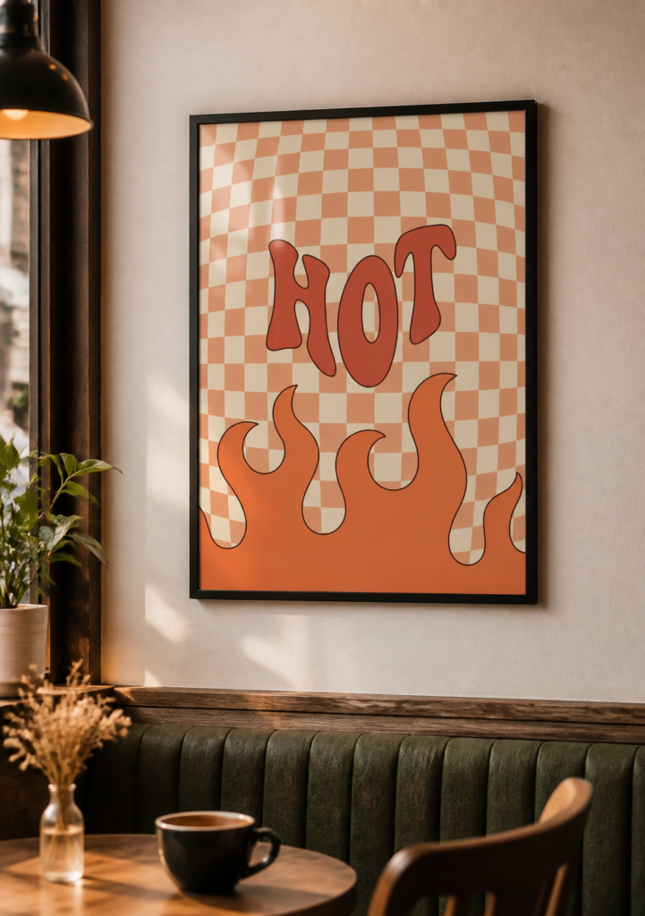 HOT Retro Groovy Fire Poster – Vintage 70s Checkerboard Wall Art Print