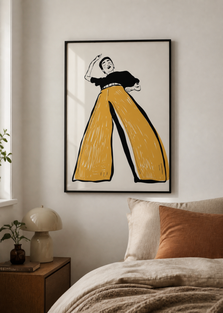 Fashion Illustration Poster – Bold Mustard Wide-Leg Pants | Minimalist Wall Art Print