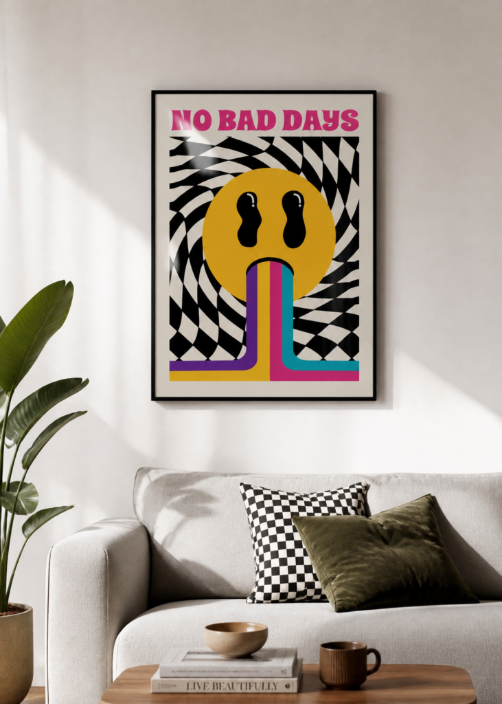 No Bad Days Retro Psychedelic Smiley Face Poster – Groovy Y2K Wall Art Print 50x70cm