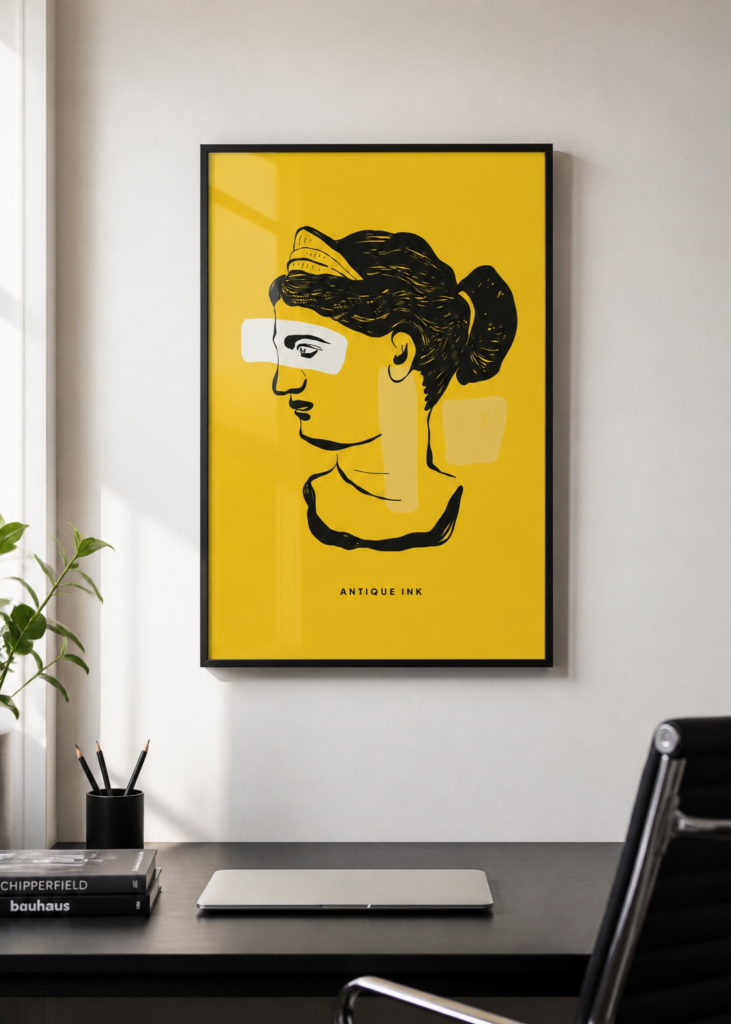 Antique Ink Classical Bust Poster – Greek Roman Minimalist Art Print Yellow