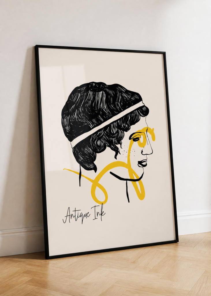 Greek Goddess Portrait Poster | Classical Antique Ink Line Art | Black Yellow Wall Decor 50x70cm