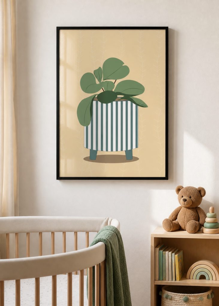 Pilea Plant in Striped Pot Botanical Wall Art Poster | Modern Boho Home Decor Print