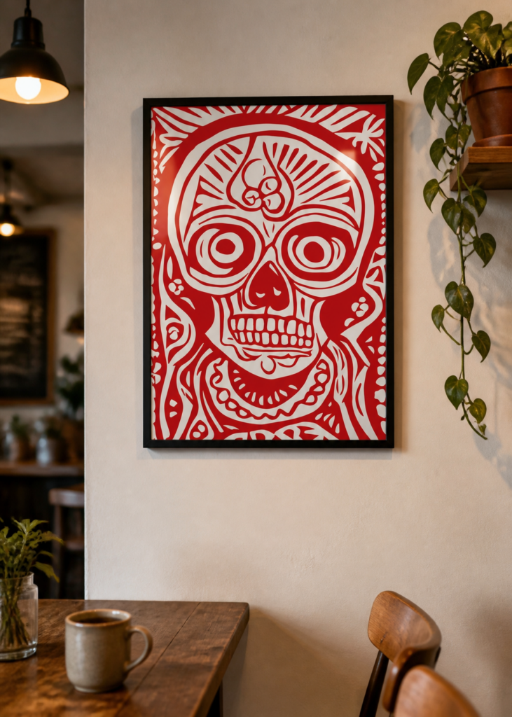 Red Sugar Skull Mexican Folk Art Wall Poster - Día de los Muertos Linocut Print