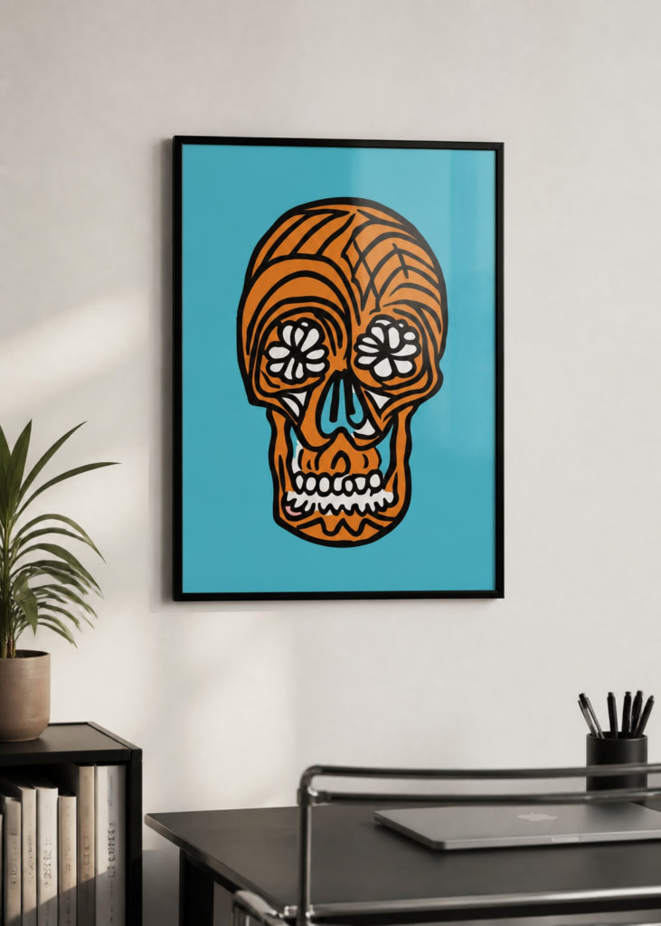 Sugar Skull Day of the Dead Orange Teal Wall Art Poster | Día de los Muertos Calavera Print