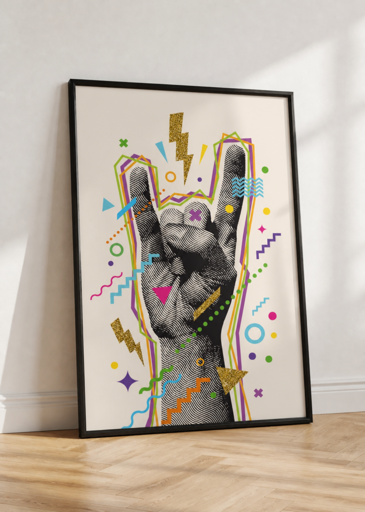 Rock Hand Sign Pop Art Poster - Retro 80s Memphis Style Wall Art Print