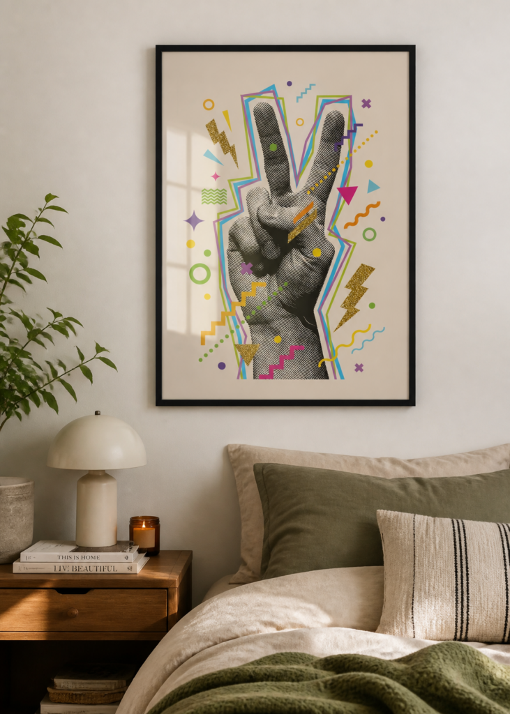 Retro Peace Sign Hand Memphis Style Pop Art Wall Art Poster