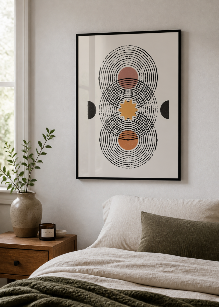 Abstract Geometric Sun and Moon Wall Art Print - Mid Century Modern Boho Poster