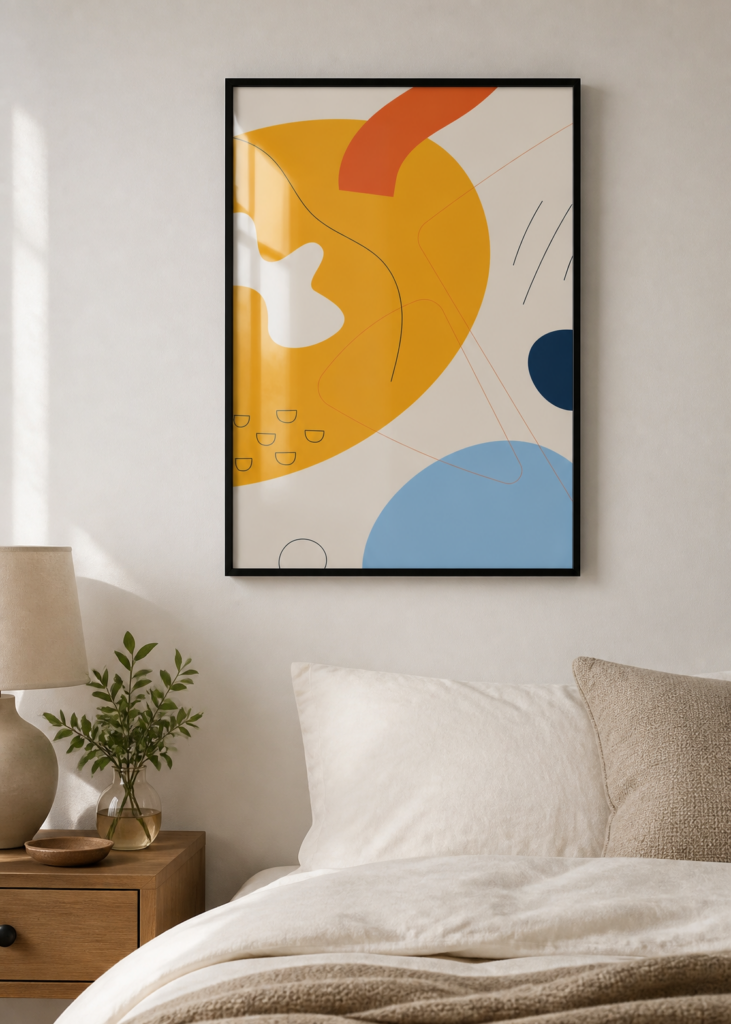 Abstract Mid-Century Modern Wall Art Print – Bold Geometric Shapes Poster – Mustard Yellow Navy Blue