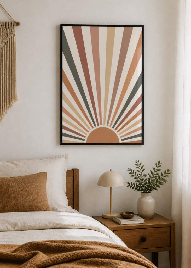 Boho Retro Sunrise Wall Art Print | Earthy Terracotta Sun Rays Poster | Mid-Century Modern Minimalist Decor