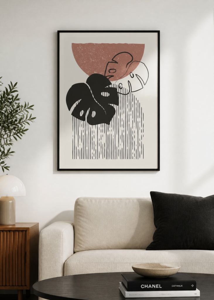 Boho Minimalist Line Art Face Monstera Poster | Terracotta Abstract Wall Art Print 50x70cm