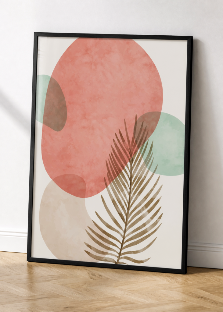 Abstract Botanical Wall Art Print - Coral Mint Palm Leaf Watercolor Poster