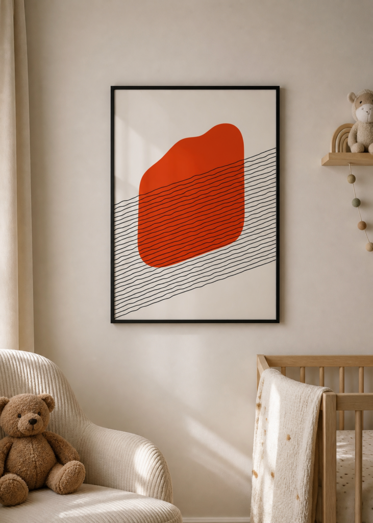 Abstract Red Organic Shape with Wavy Lines Minimalist Wall Art Print