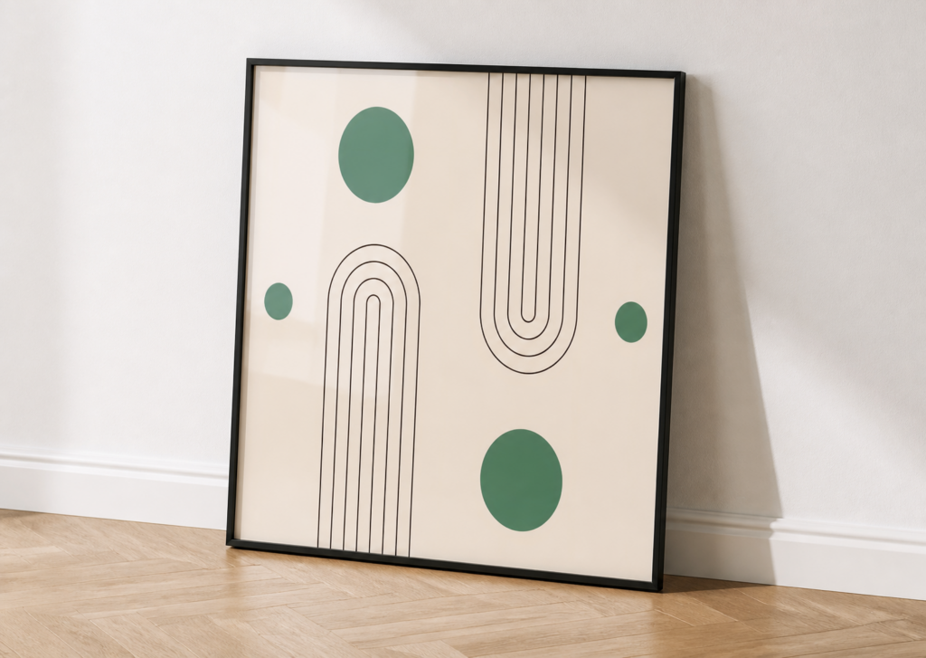 Mid-Century Modern Geometric Poster | Sage Green Circles & Arch Line Art | Minimalist Wall Decor