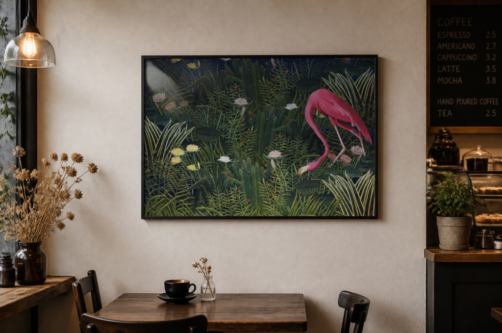 Tropical Jungle Flamingo Art Print - Henri Rousseau Style Botanical Wall Art Poster