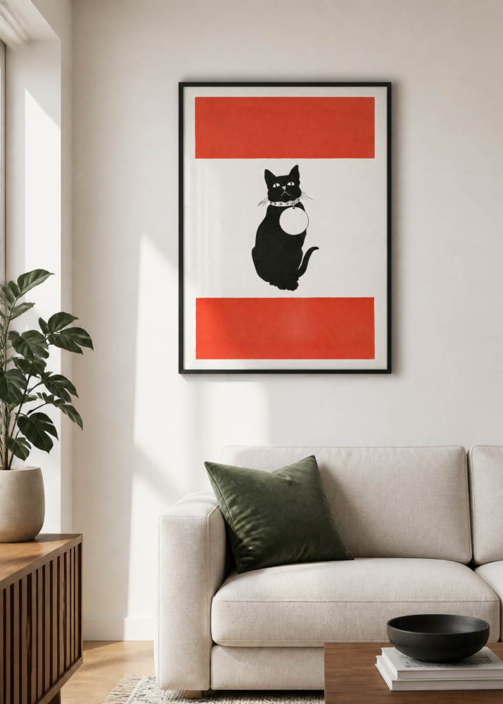 Vintage Black Cat Illustration Wall Art Print - Retro Red and Black Cat Poster