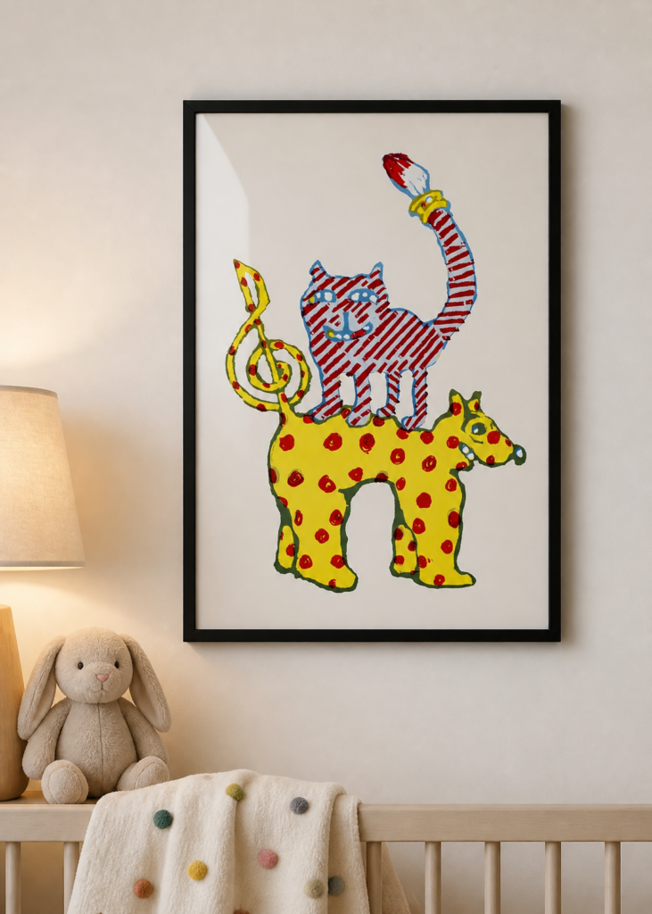 Whimsical Cat and Dog Folk Art Print - Colorful Naive Animal Illustration Wall Art