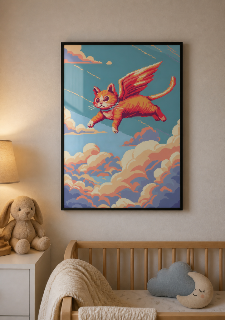 Flying Cat Pixel Art Wall Poster - Winged Orange Kitten Above Clouds Retro Gaming Art Print