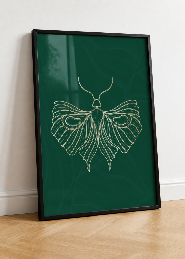 Emerald Green Moth Line Art Wall Poster - Gold Butterfly Illustration Print