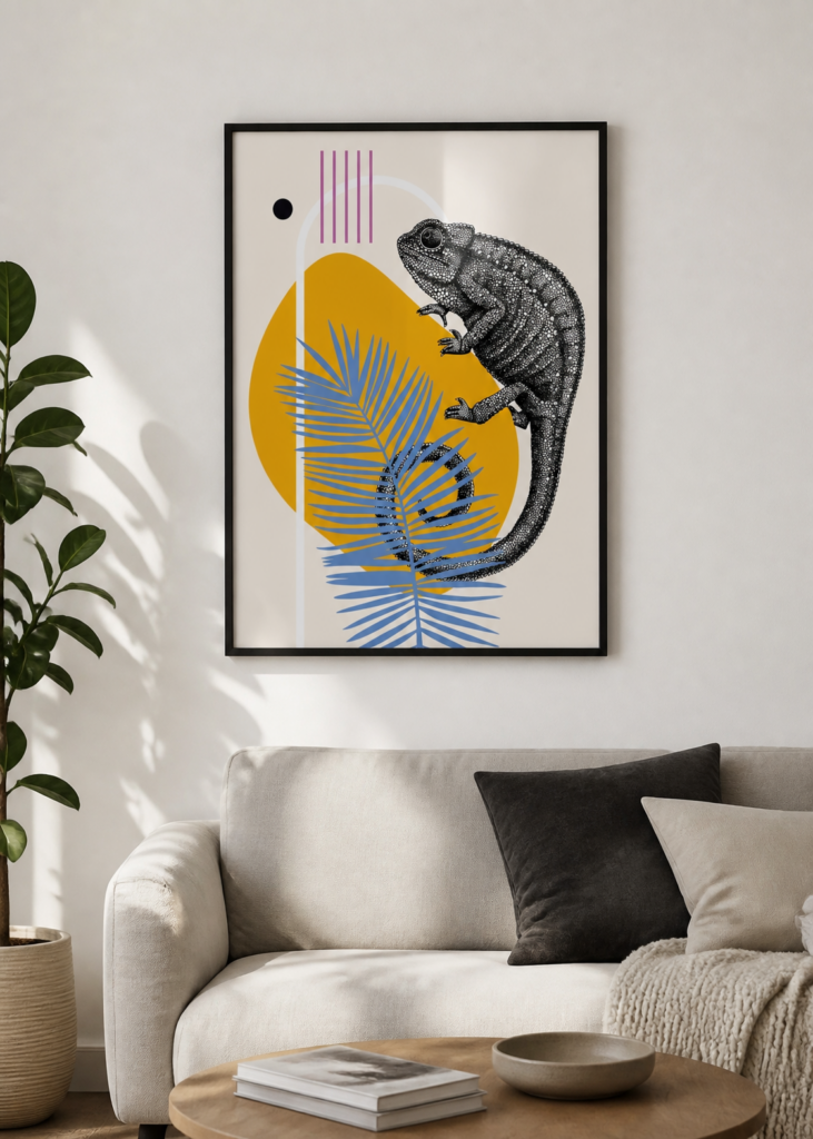 Chameleon Botanical Wall Art Print - Modern Tropical Illustration Poster