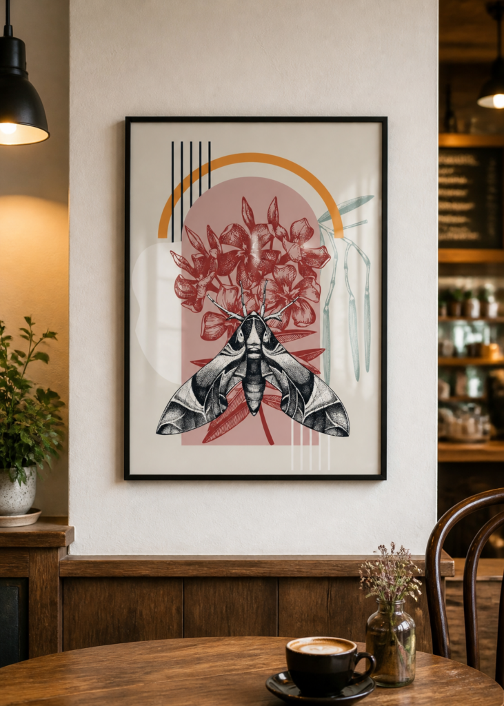 Hawk Moth and Oleander Botanical Art Print - Modern Entomology Wall Poster