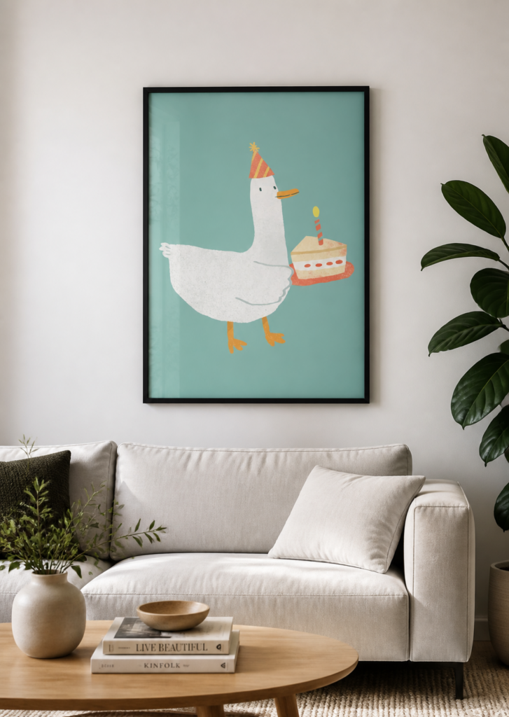 Party Goose Birthday Cake Illustration Print | Cute Animal Wall Art Poster