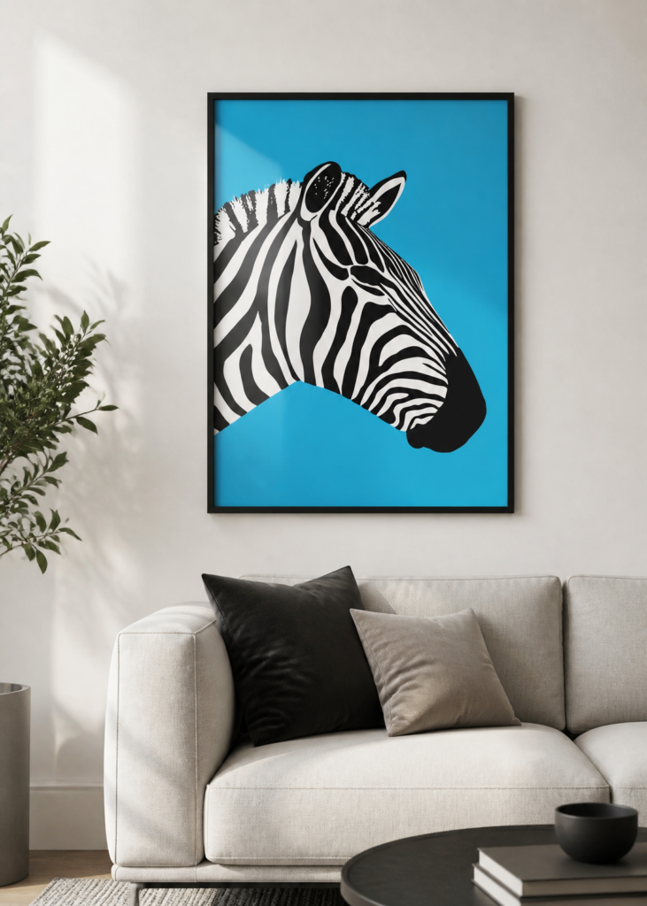 Zebra Pop Art Poster – Bold Black White Cyan Wall Art Print 50x70cm