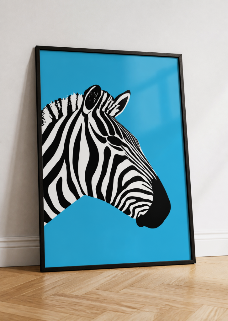 Zebra Pop Art Poster – Bold Black White Cyan Wall Art Print 50x70cm