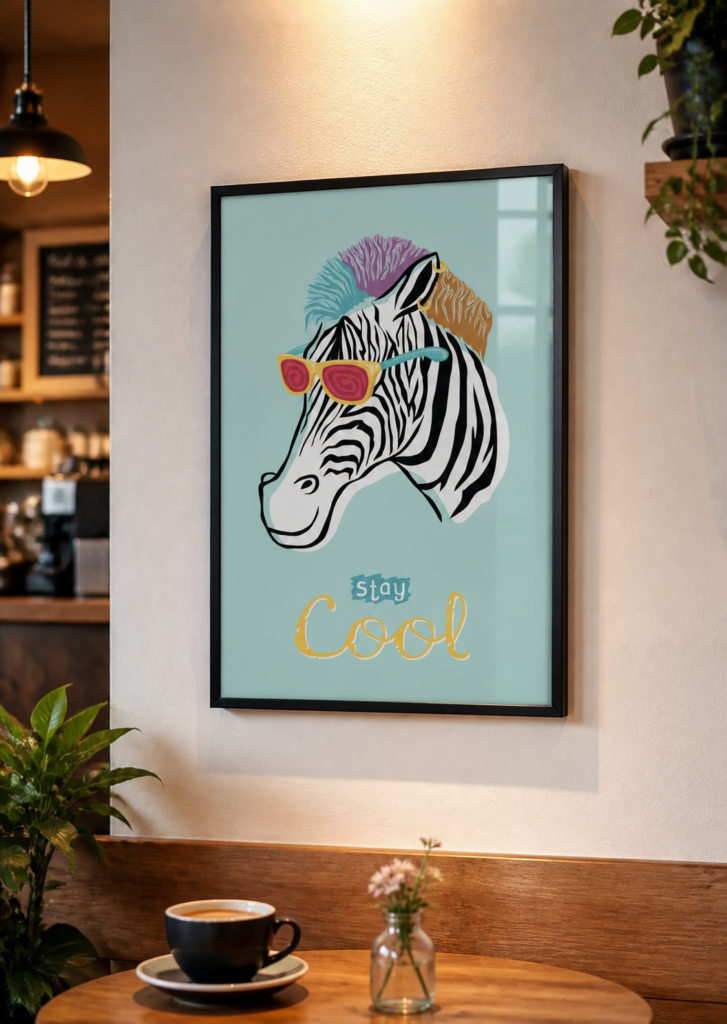 Stay Cool Zebra Poster | Funky Animal Wall Art with Sunglasses & Mohawk | Colorful Kids Room Decor