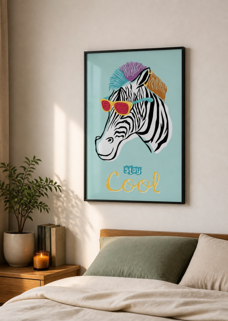 Stay Cool Zebra Poster | Funky Animal Wall Art with Sunglasses & Mohawk | Colorful Kids Room Decor