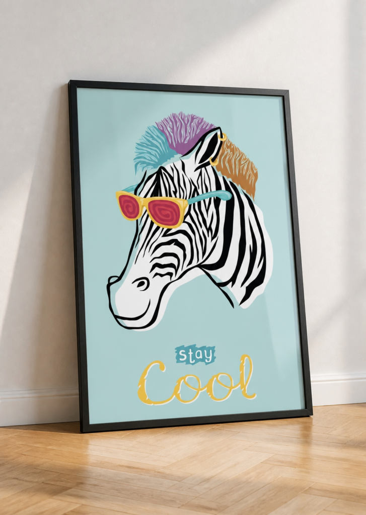 Stay Cool Zebra Poster | Funky Animal Wall Art with Sunglasses & Mohawk | Colorful Kids Room Decor
