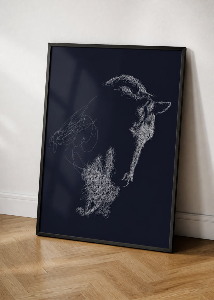 Horse Line Art Drawing | Minimalist Scribble Art Poster | Dark Background Equestrian Wall Art
