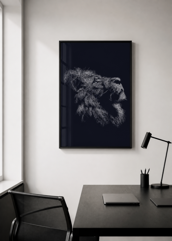 Abstract Gorilla Scribble Line Art Print - White on Dark Navy Wall Art