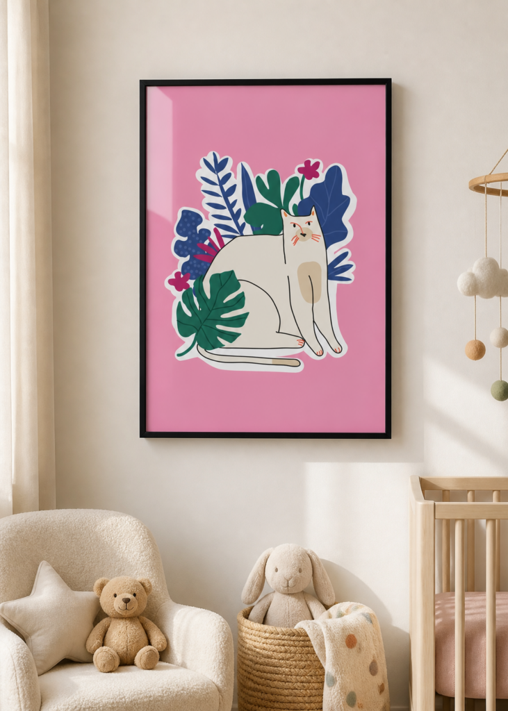 Tropical Cat Botanical Wall Art Poster | Boho Pink Floral Cat Print 50x70cm