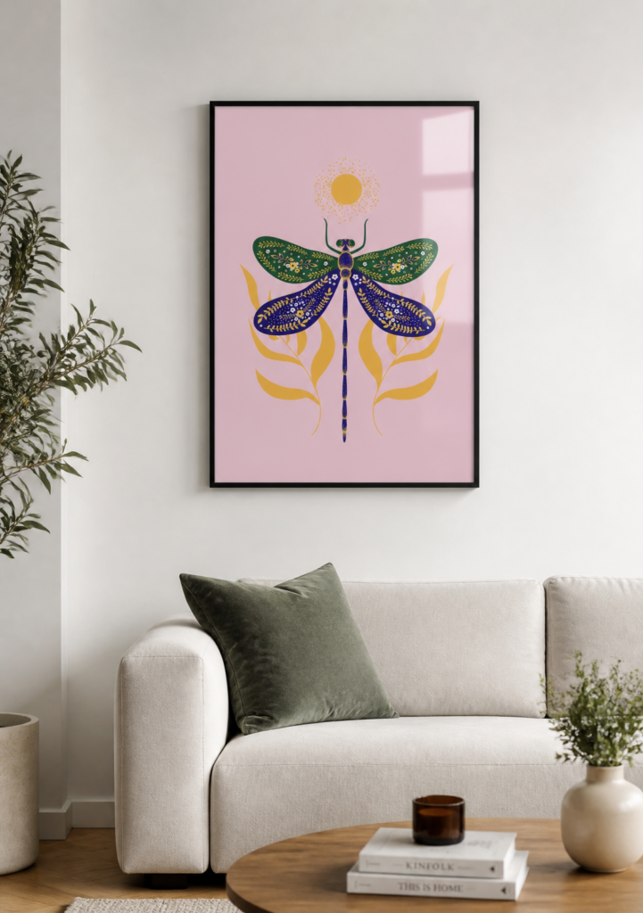 Folk Art Dragonfly Illustration Wall Art Print - Bohemian Botanical Poster