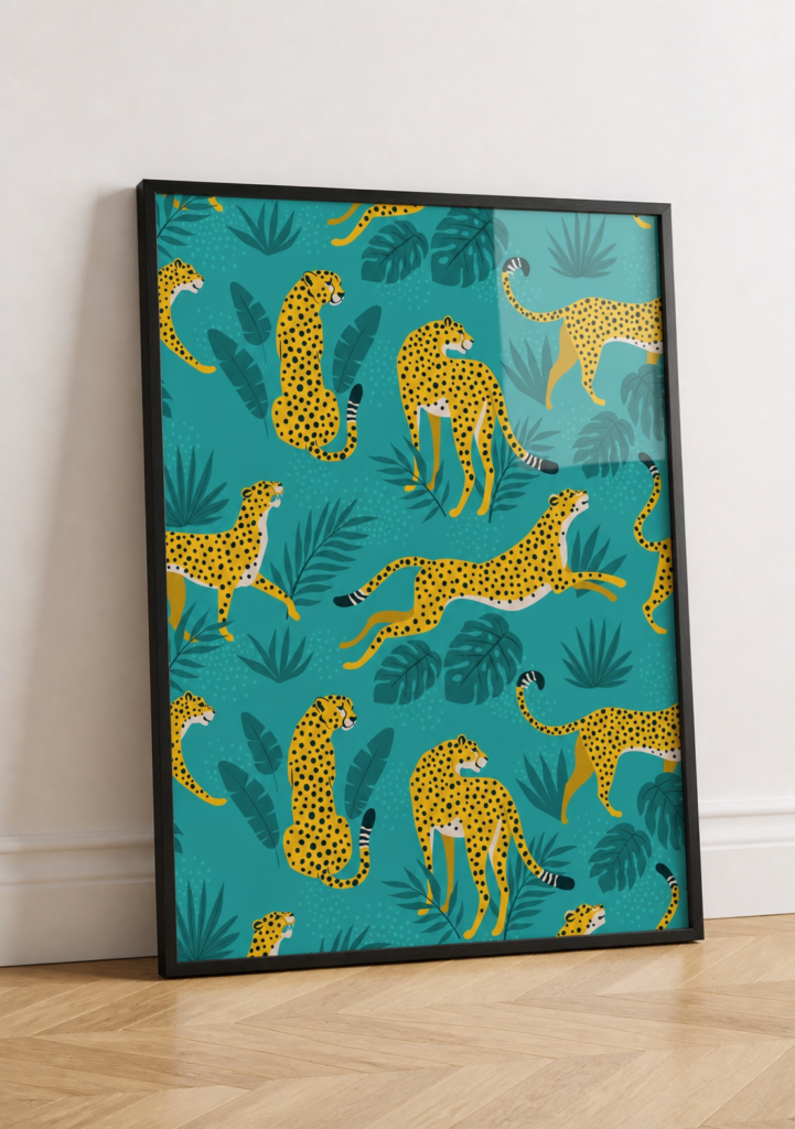 Cheetah Jungle Pattern Wall Art Print - Tropical Wildlife Illustration Poster
