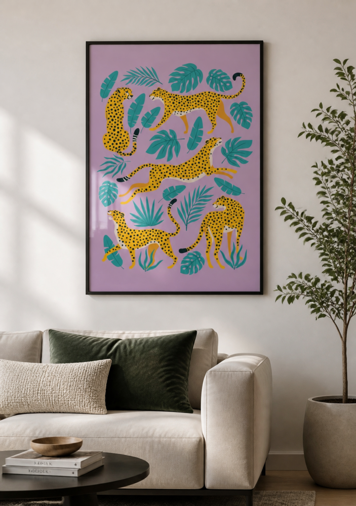 Tropical Cheetah Illustration Wall Art Poster - Jungle Leopard Print Decor