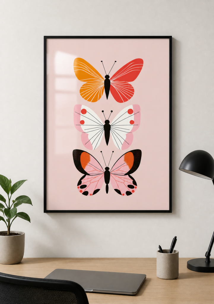 Mid-Century Modern Butterfly Trio Art Print - Retro Pink Orange Wall Poster